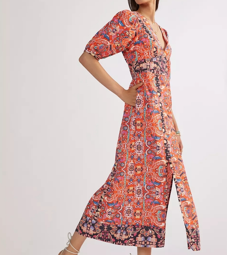 Anthropologie Boho Inspired Orange Abstract V-Neck Maxi Dress Size 6